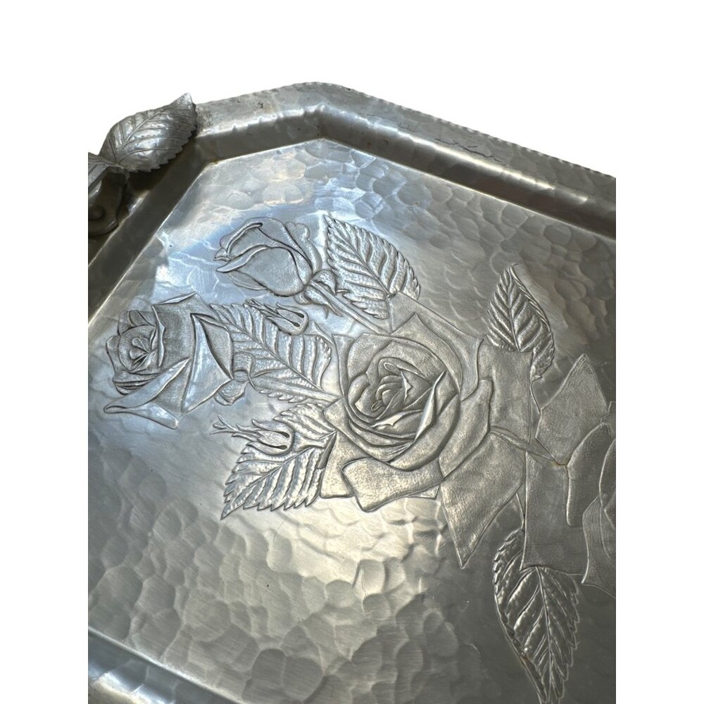 Trade Continental Rose floral hand wrought 855 silver look tray SKU 3712 - Picture 5 of 9